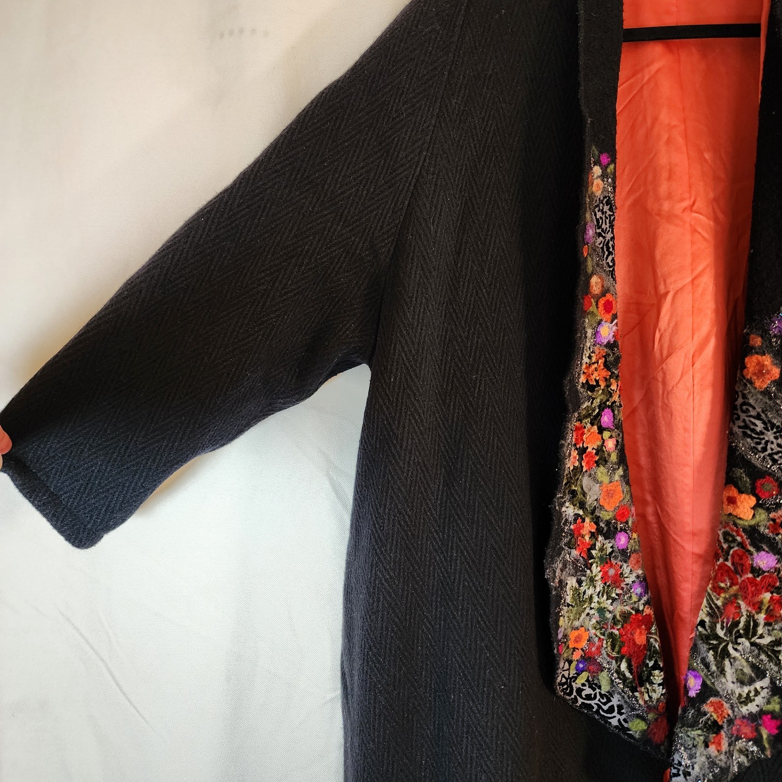 Vintage Hand Made Wool Jacket Satin Lined Velvet Felted Floral Art Lapel XL