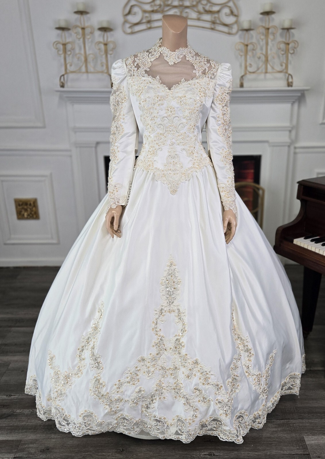 Alfred Angelo Vintage 80s 90s White Satin Long Sleeve Wedding Dress sz 14