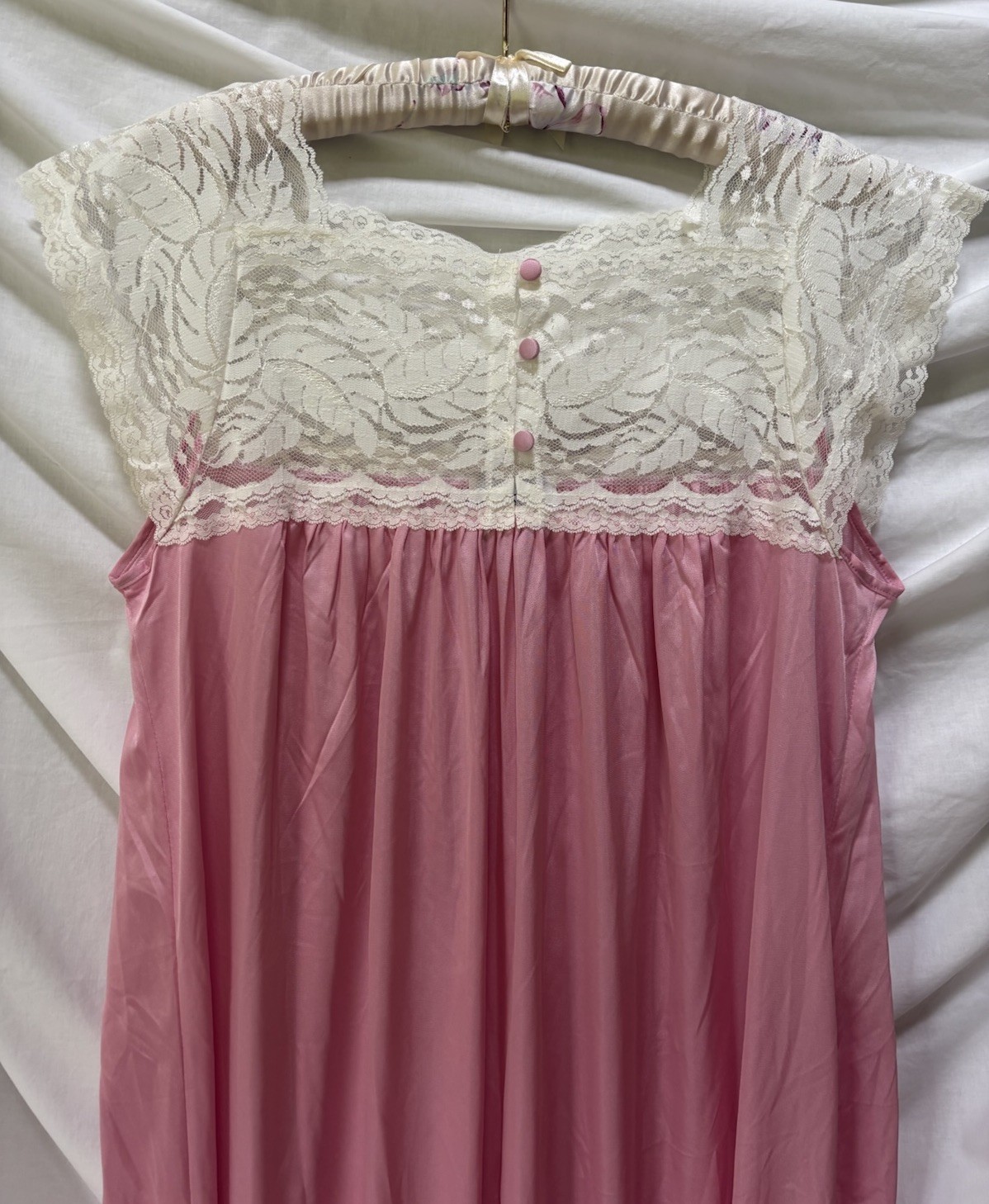 Vtg Brownstone Studio Pink Silky Nylon & Lace Long Nightgown S / M Petite ~