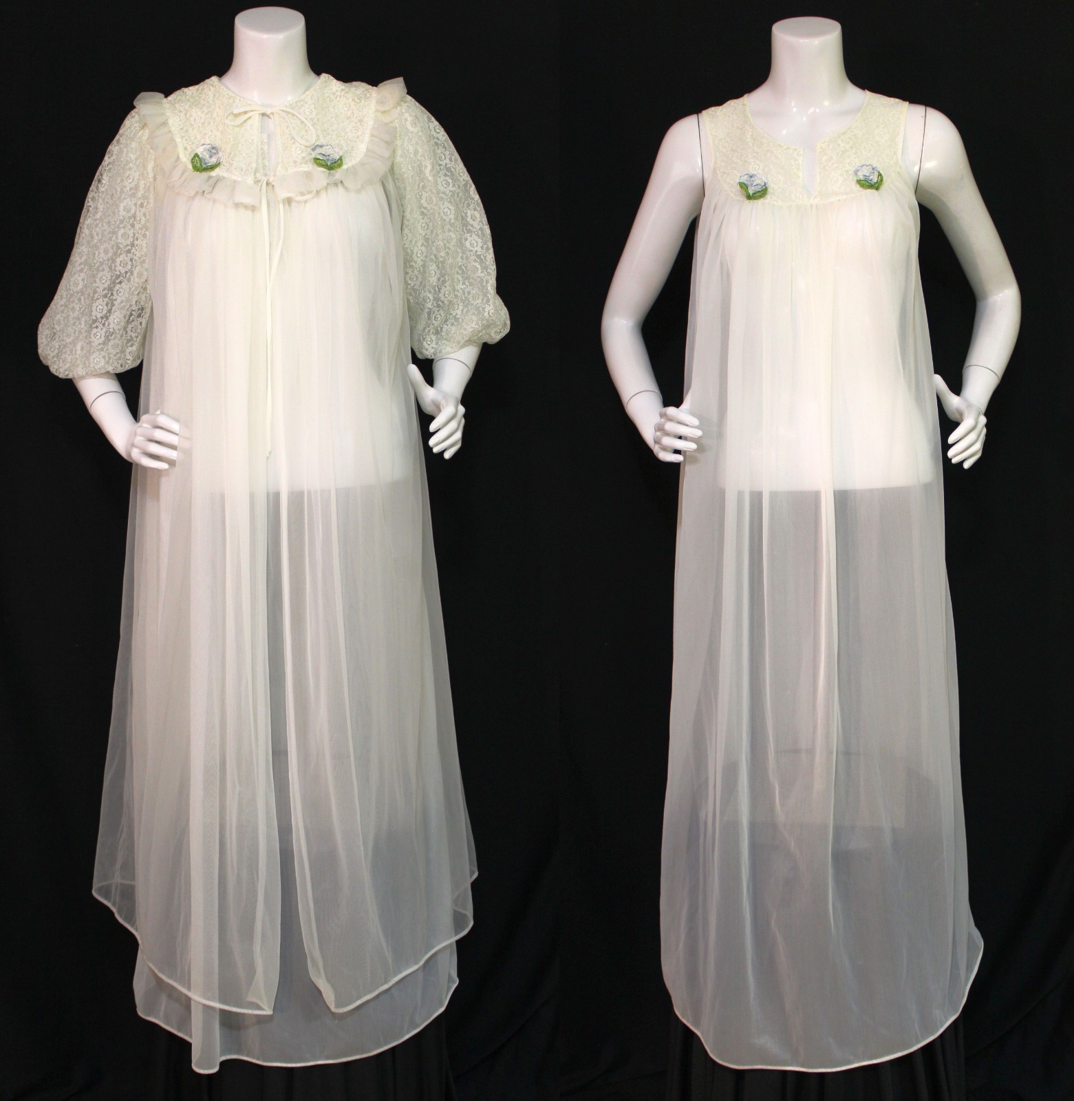 Vintage 1960s Sheer White Nylon Peignoir Set Lace Yoke & Sleeves Size Medium