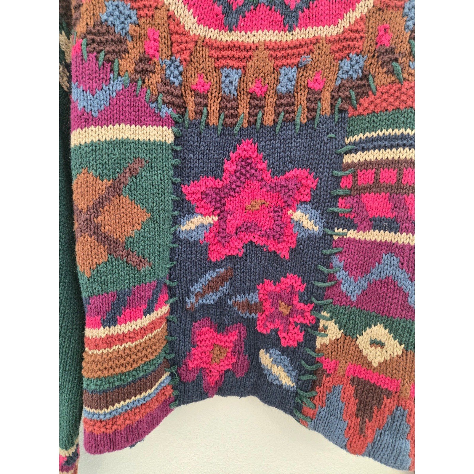 Vintage Knitted by Hand Patchwork Floral Sweater Ramie Cotton Large Boho 90s