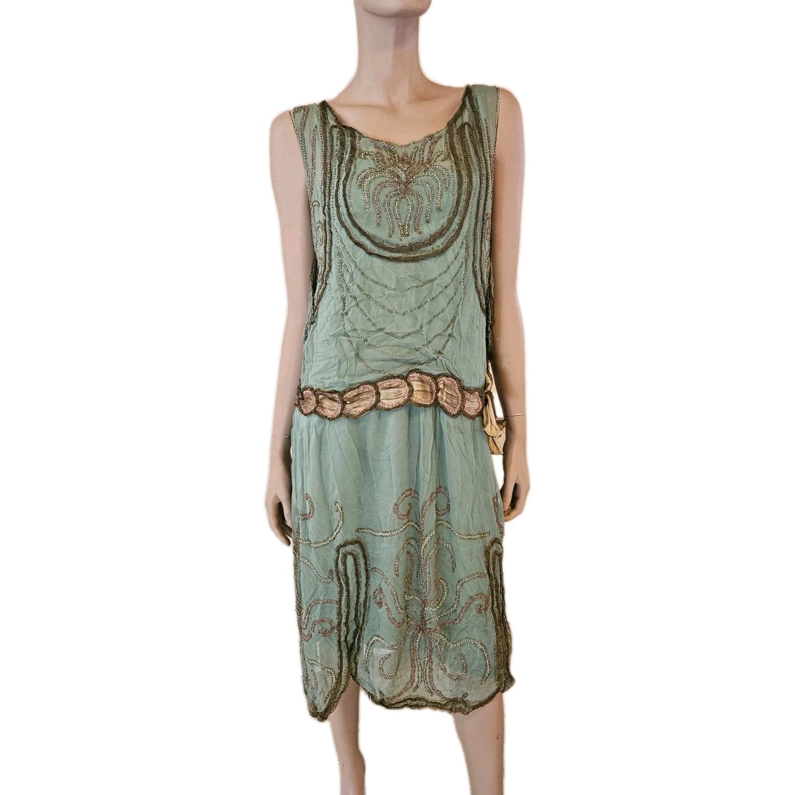 Antique 1920s French Beaded Flapper Dress Gold Lace Vintage Art Deco Bust 36