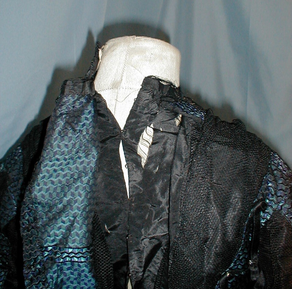 Ornate Antique Dress Victorian 1890&rsquo;s Blue and Black Print Silk Lavish Trims