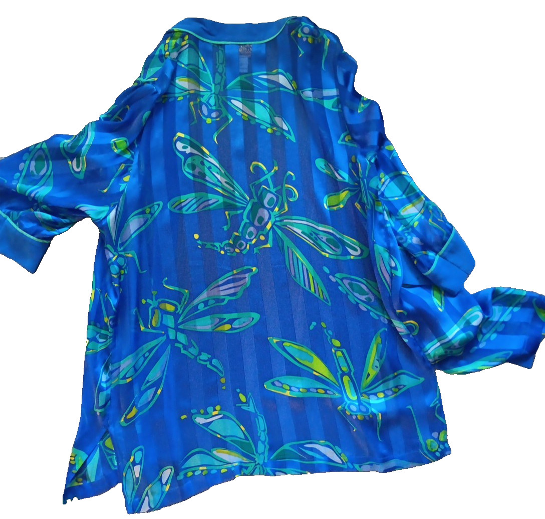 Vtg Boho Bob Mackie Wearable Art M 100% Silk Tunic Blouse Top Dragonfly READ
