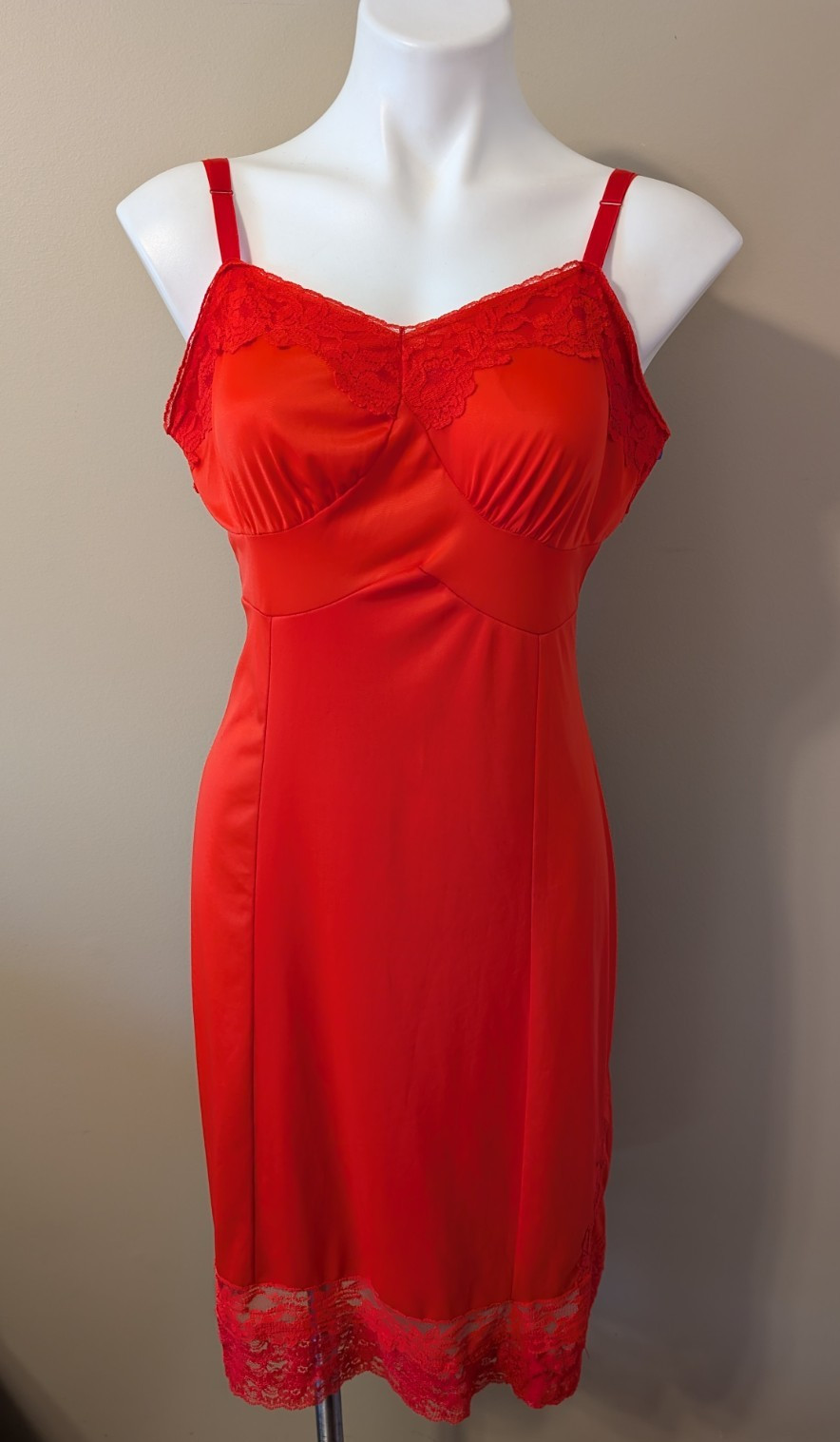 Vtg Nancy King RED Nylon/Lace Full Slip/Dress Privacy Panel Adj Straps Size 36