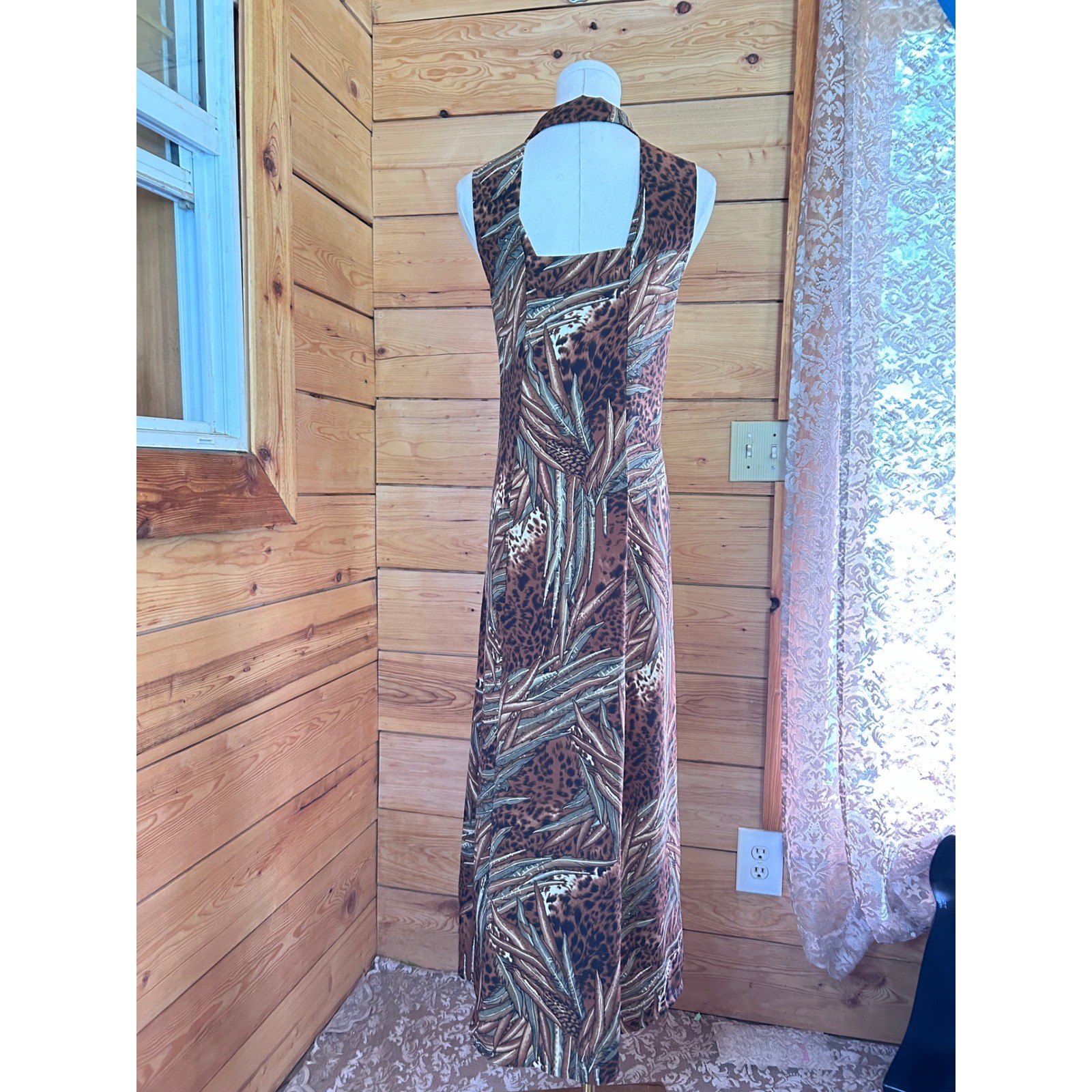 Vintage Maxi Dress Size 14 Brown Leopard Palm Leaf East West Fashions Retro 90&rsquo;s