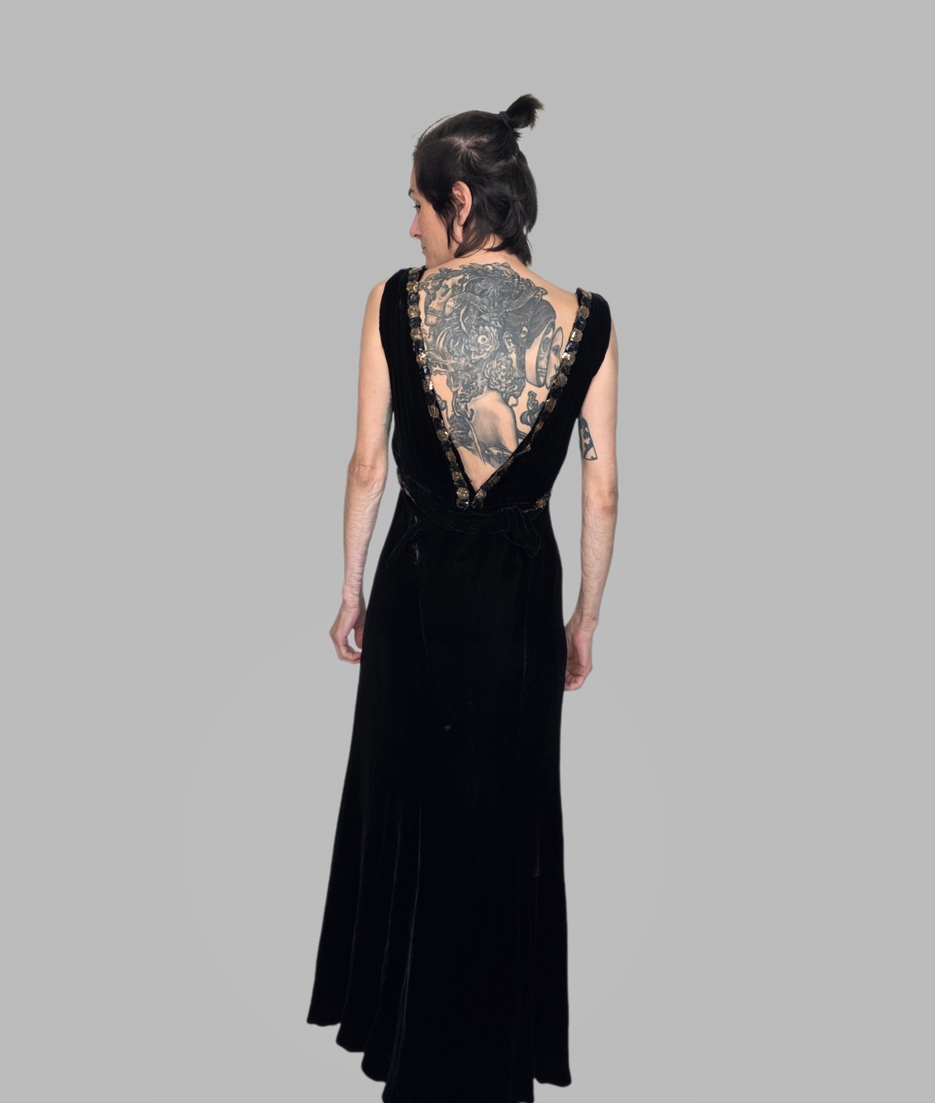 Authentic 1930s Black Velvet Evening Gown | Sequin Trim & Sash | Old…