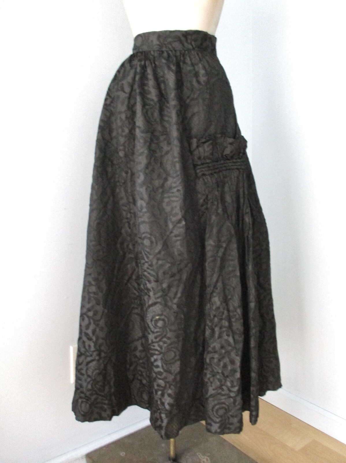 Antique Victorian black patterned taffeta long skirt ruffle embellishments 30 in
