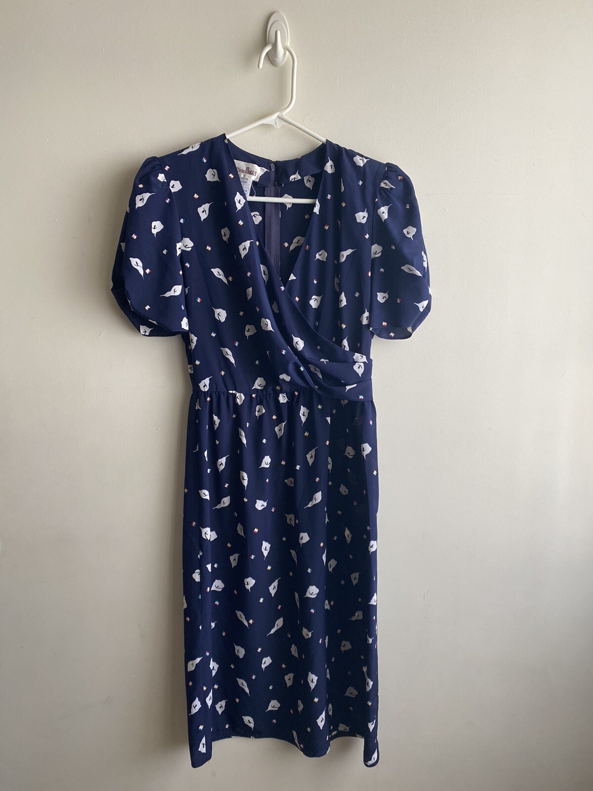 Vtg Petites For Maggie Dress Navy Blue With Lillys And Colorful Geometric Shapes