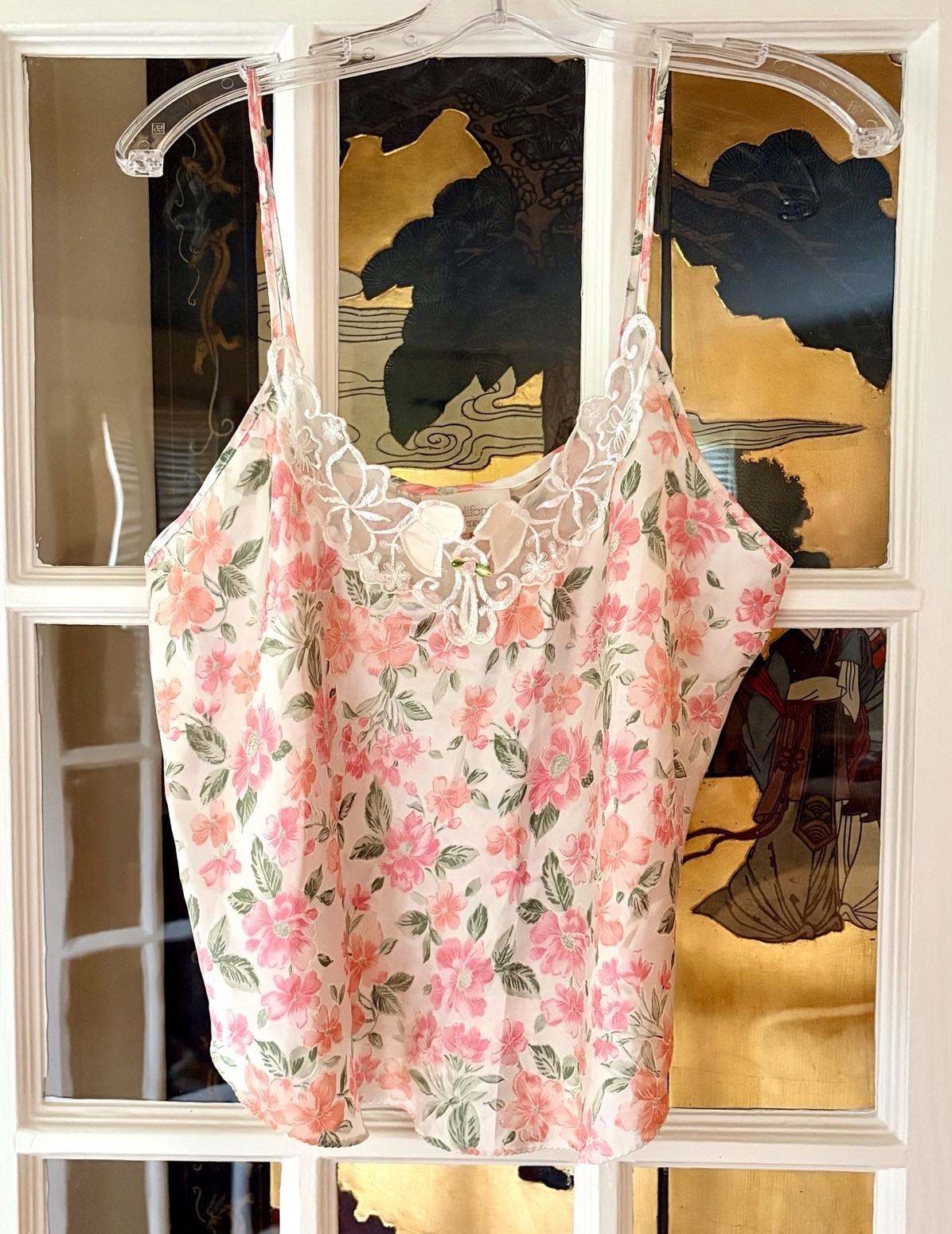 Vtg California Dynasty Floral Satin Camisole Lace Trim Y2K Top SZ L Made In USA