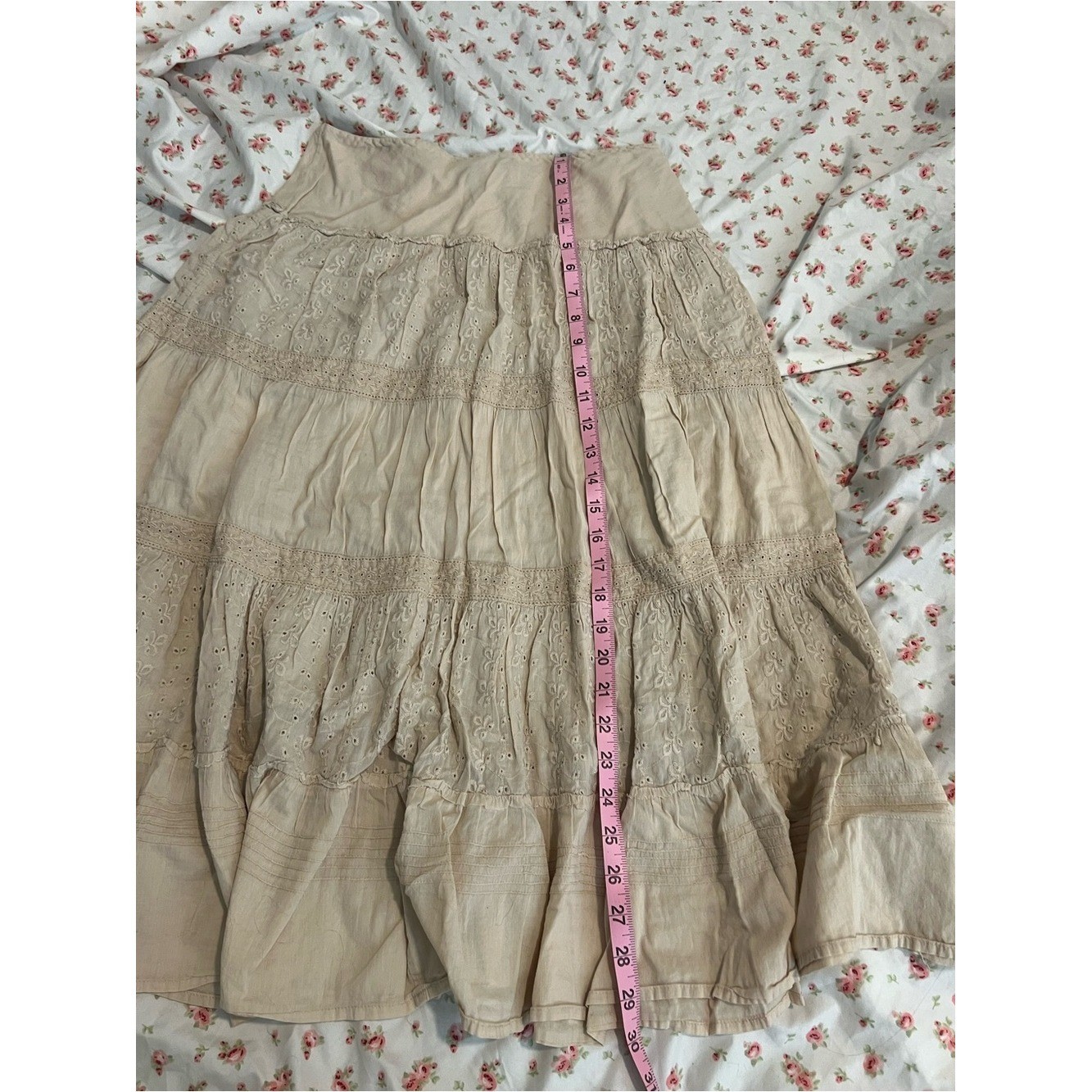vintage cream embroidered eyelet midi skirt