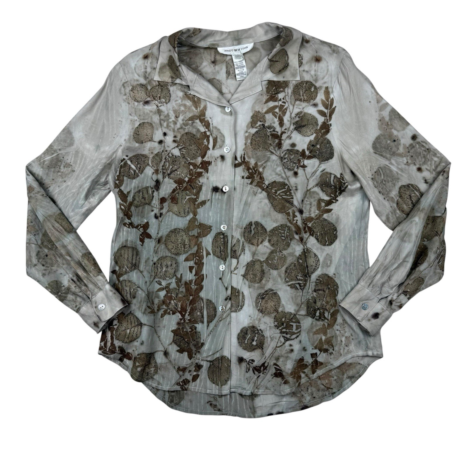 Vintage Jones New York 100% Silk Blouse Sz 6 Botanical Leaf Print Y2K Shirt