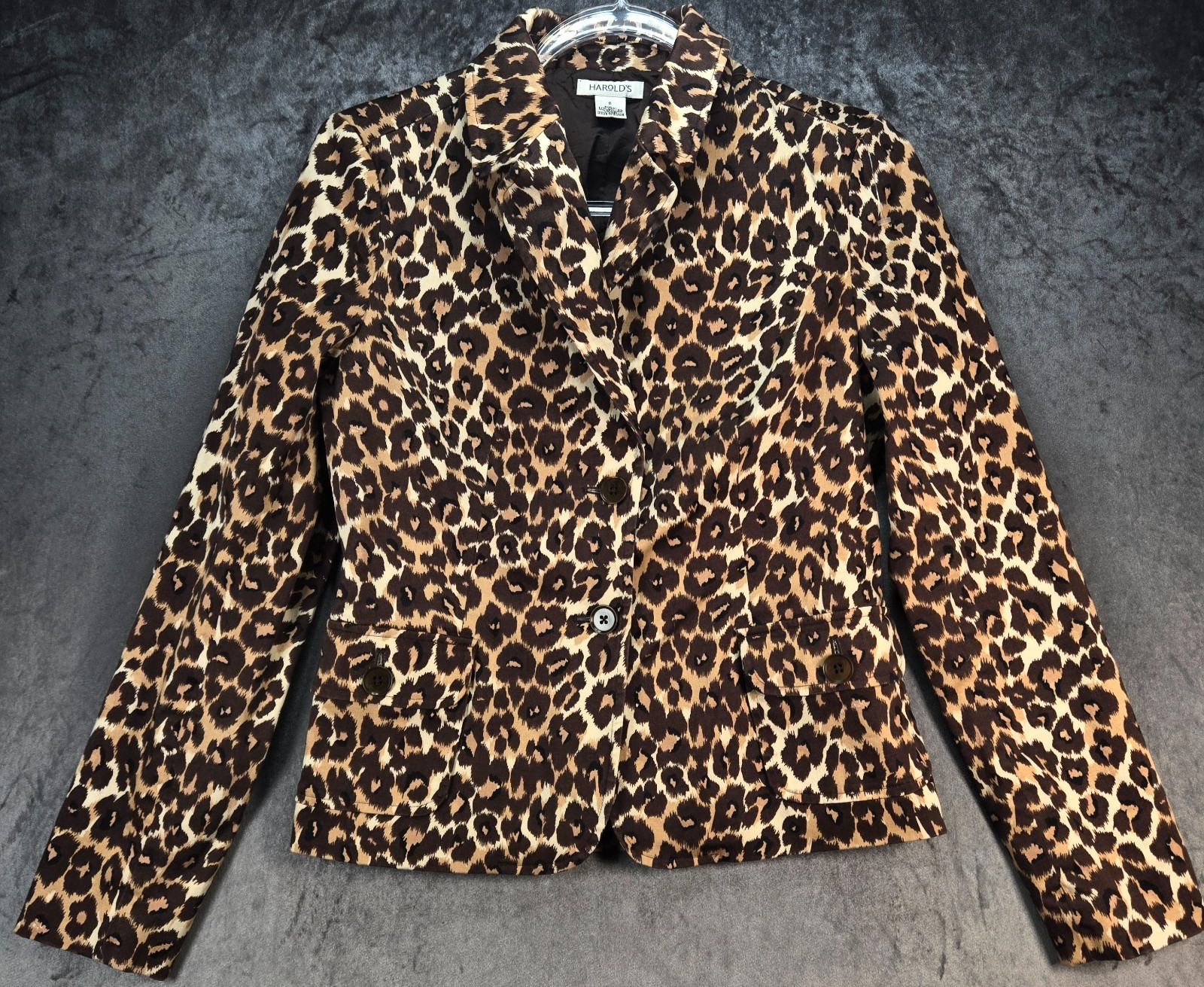 Vintage Harold&rsquo;s Leopard Hourglass Blazer Womens 6 Brown Tan Animal Print Jacket