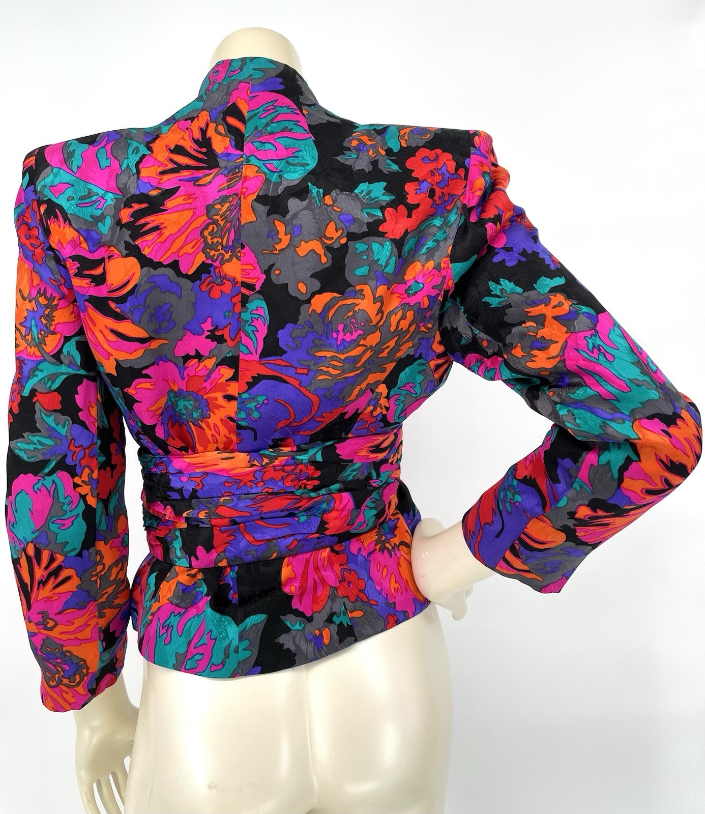 Vintage Iconic 80s Flora Kung Bold Abstract Floral Silk Asian Jacket Obi Belt XS