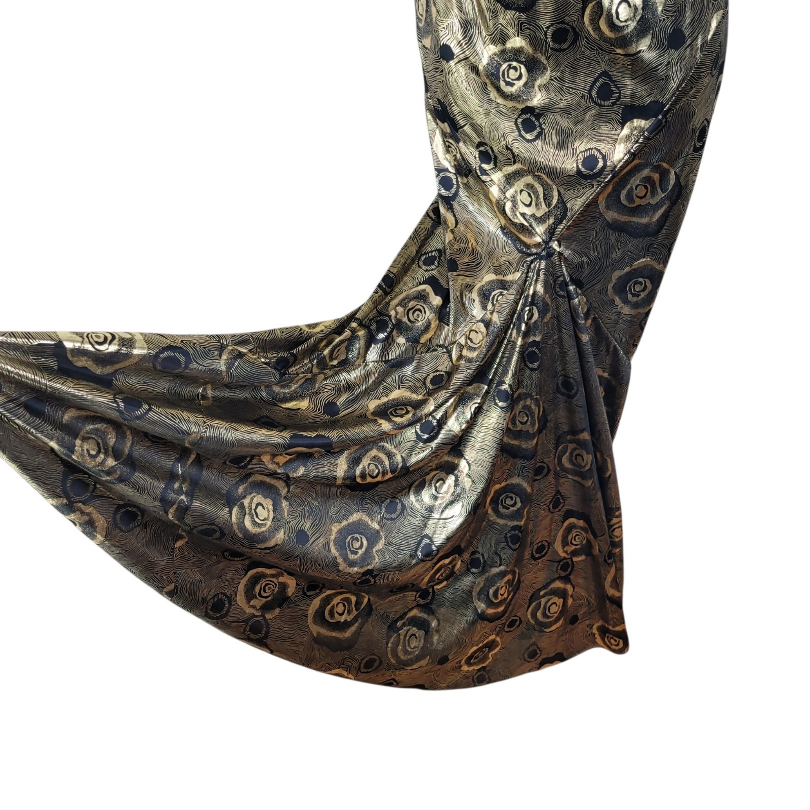 Vintage 70s Metallic Gold Long Evening Gown Dress Small Glamour Liquid Floral