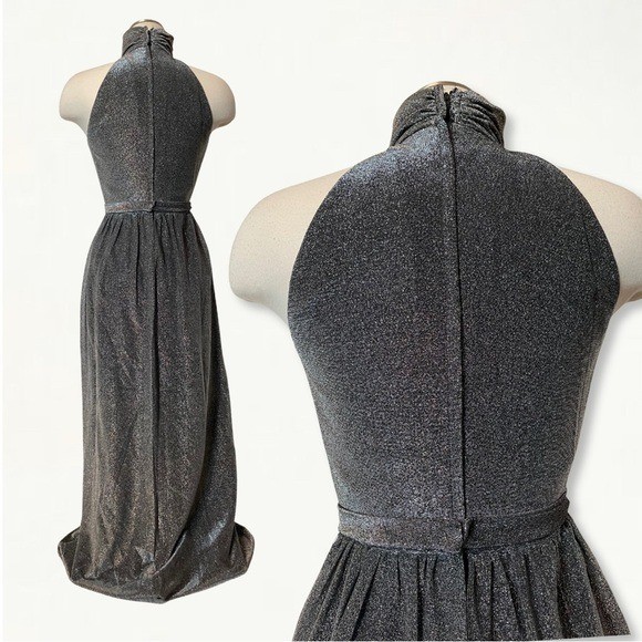 Vintage 1970s Silver Metallic Studio 54 Keyhole Jewel Belted Halter Maxi Dress