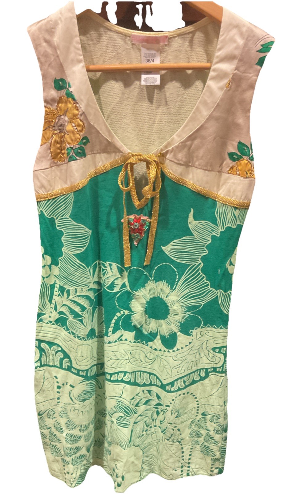 Y2K Custo Barcelona Silk Blend Beads/Gem Tunic Dress Floral Print Green SZ 4 NEW