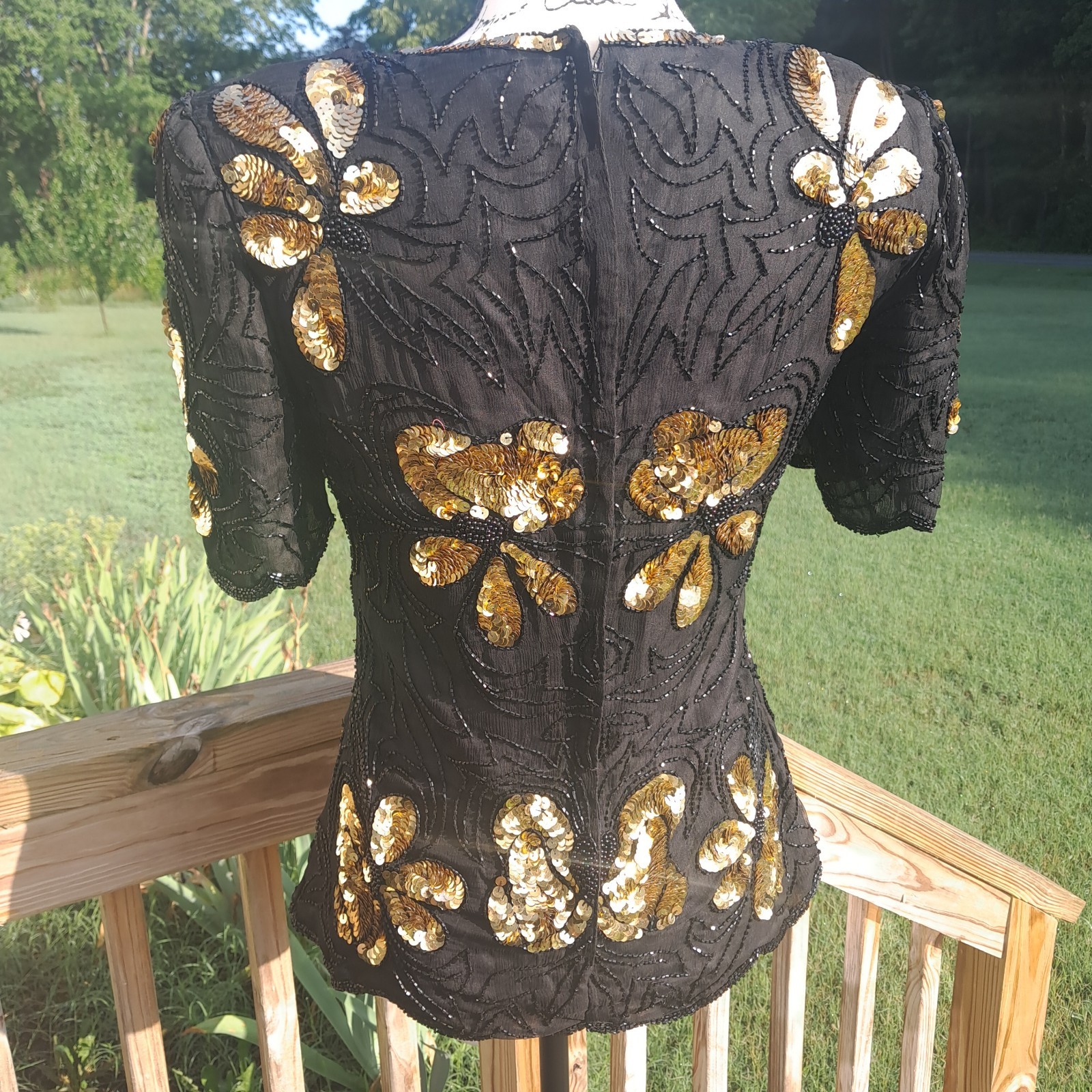 Vintage Stenay Silk Sequin Beaded Top Small Floral Black Gold Regency Goth Event