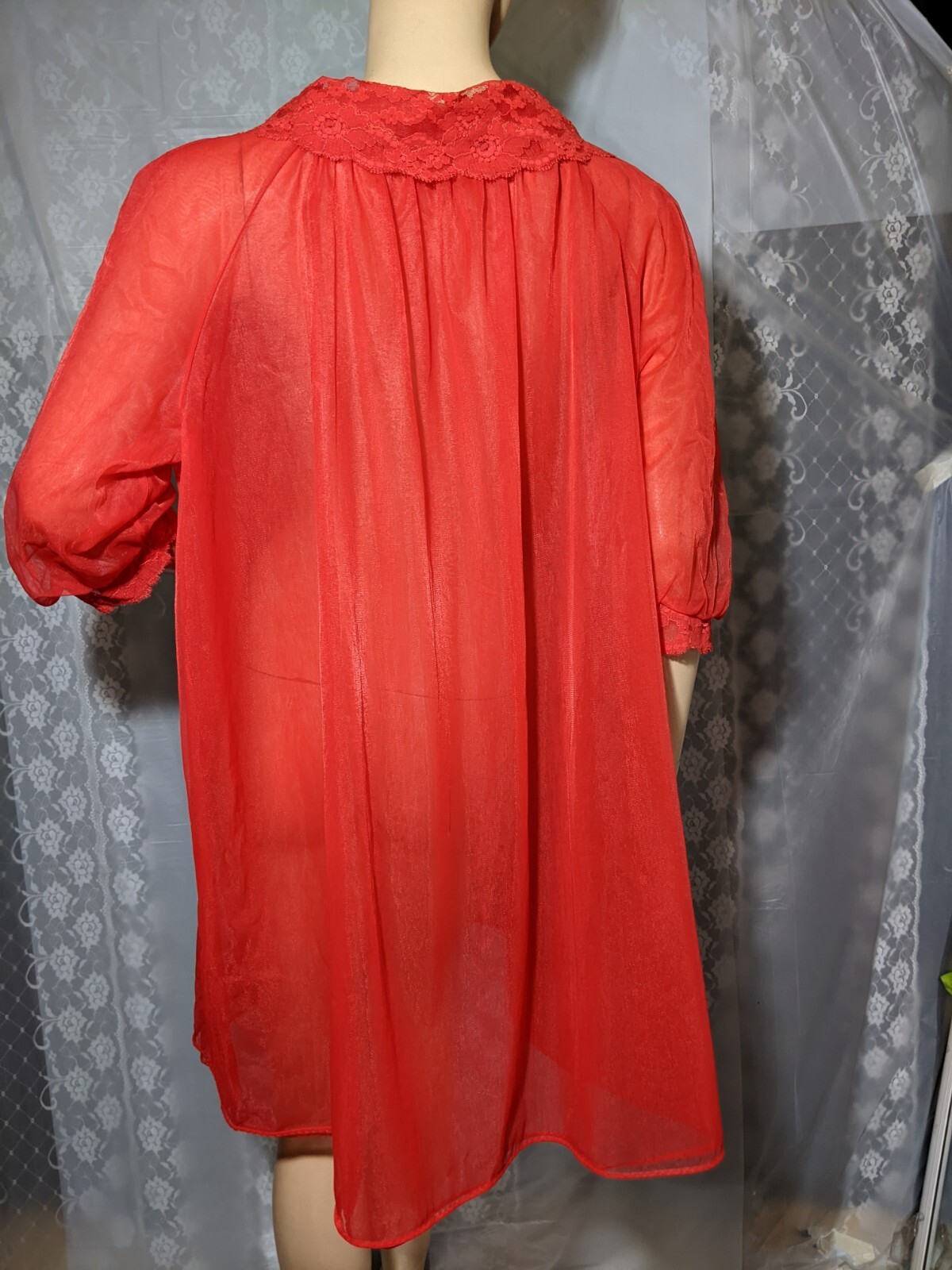 Vintage TEXSHEEN Red DOUBLE CHIFFON Lingerie Dress Satin Buttons Peignoir Robe M