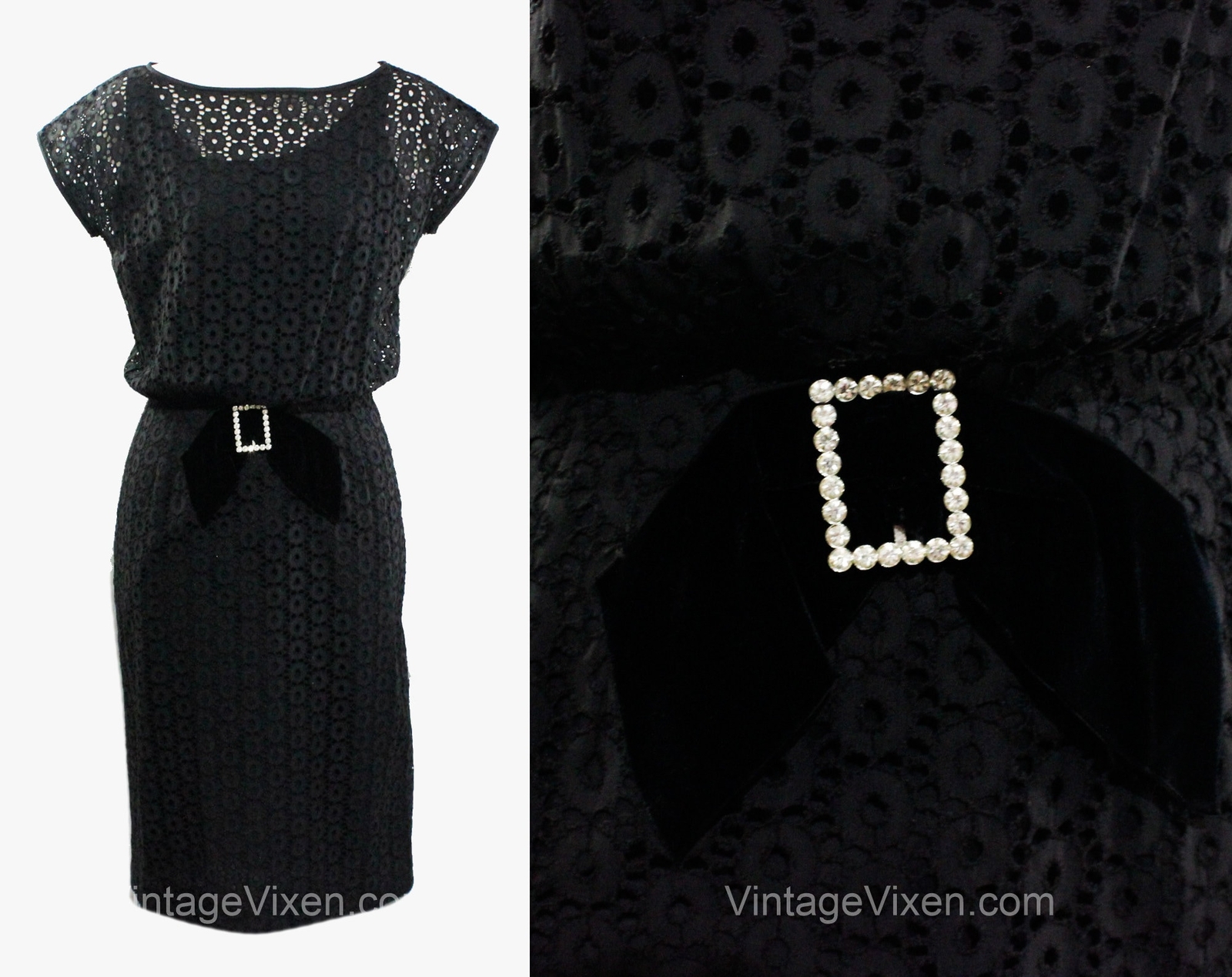 Small 1950s Black Dress – 50s Cotton Summer Sheath – Short Sleeve – Waist 25.5