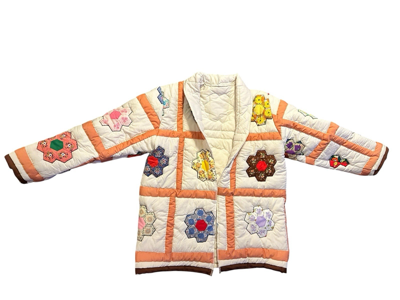 Vintage Flower Garden Handmade Quilt Jacket Coat 1970s Groovy Flower Power
