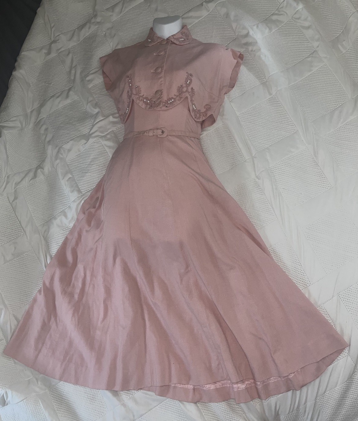Vtg Marlene in Salyna Embroidered Belted Halter Dress Set Mauve Pink 1940’s XS