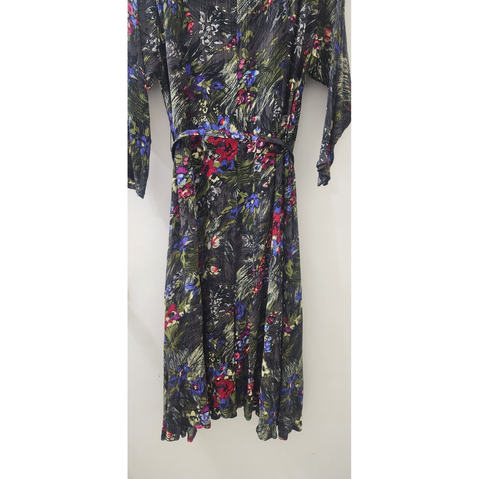 Vintage Oscar Too! Women Floral Rayon Button Front Midi Dress Belted Black Sz 10