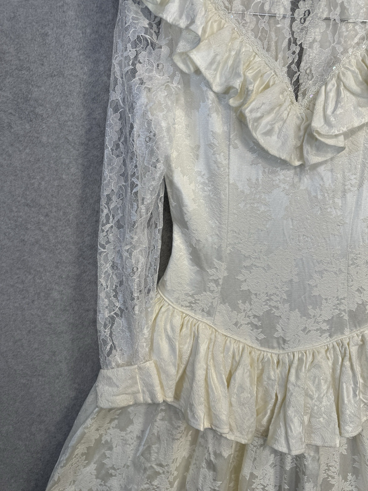 VTG 80s Roper Rustic Ivory Lace Jacquard Prairie Victorian Dress Womens 5/6 USA