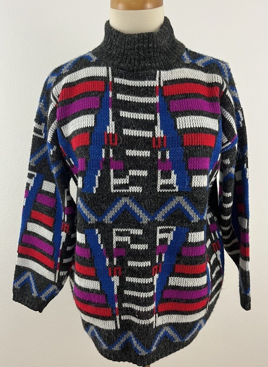 Vintage 80s Croquet Club Women&rsquo;s L Sweater Geometric High Neck Acrylic Nylon