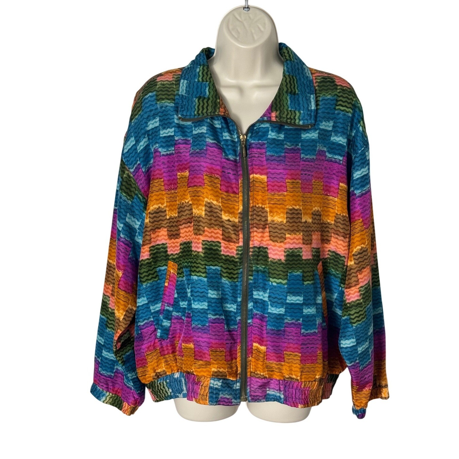 East West Silks Vintage Multicolor Geometric Silk Jacket Zip Front Small