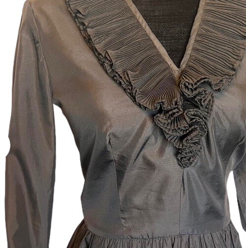 Vtg Victor Costa Black Gothic Victorian Silk Taffeta Midi Dress Sz 6 L/S Ruffle