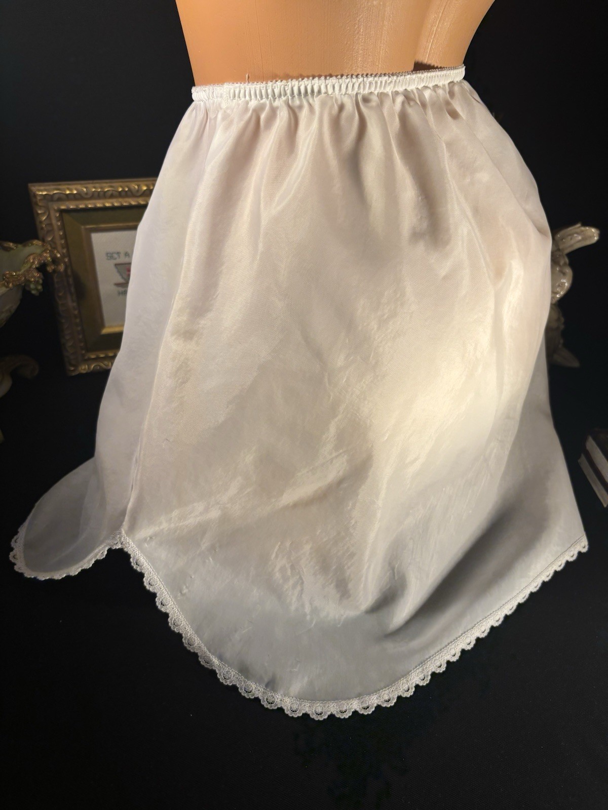 Vtg SATIN THIN TISSUE SHEER MINI SLIP SKIRT Oily Wet thin LINGERIE OFFICE SISSY