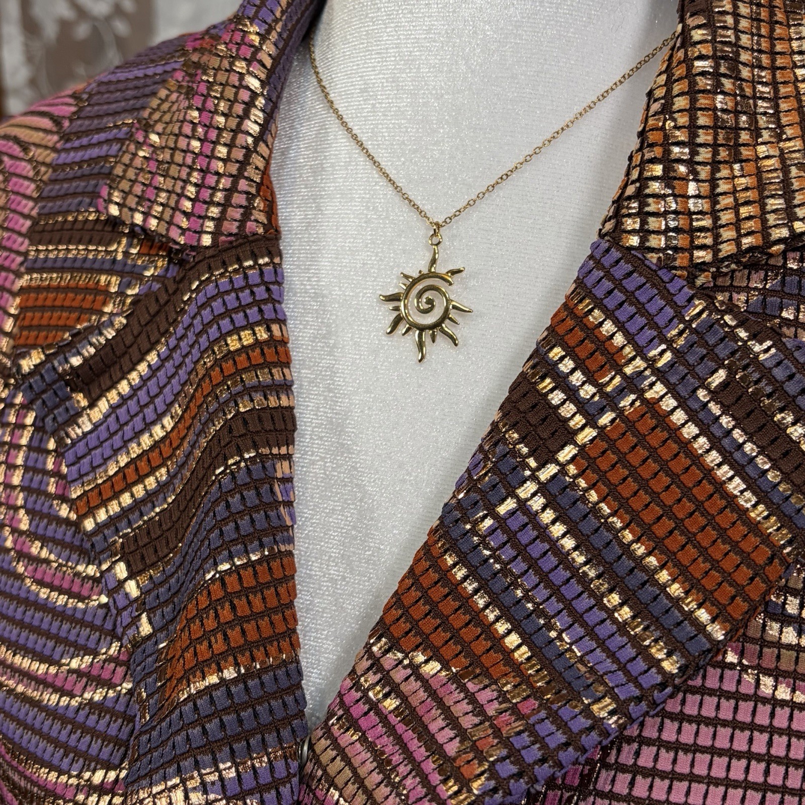 Janine Petites Geometric Skirt Suit Brown Purple Gold Pink Multicolor