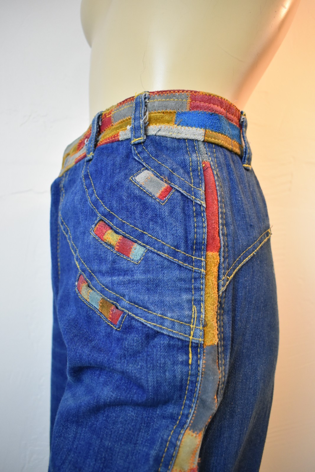 Vintage 1970’s Hippie Patchwork Denim Jeans with Leather – Laura Accessories