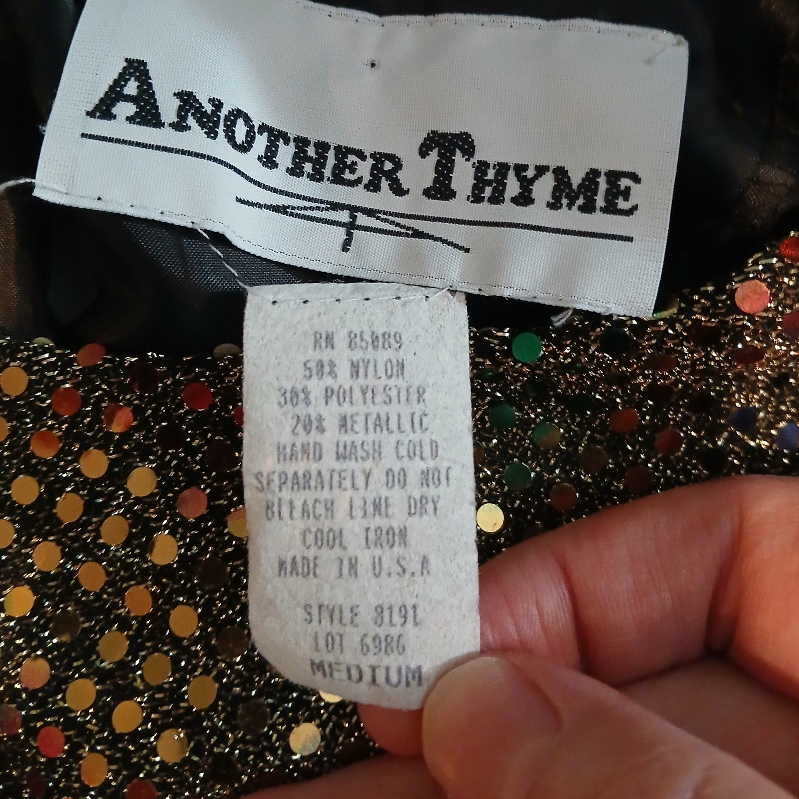 Vtg Another Thyme Medium Metallic Sequin Blouse Gold Multicolor Side Tie – READ