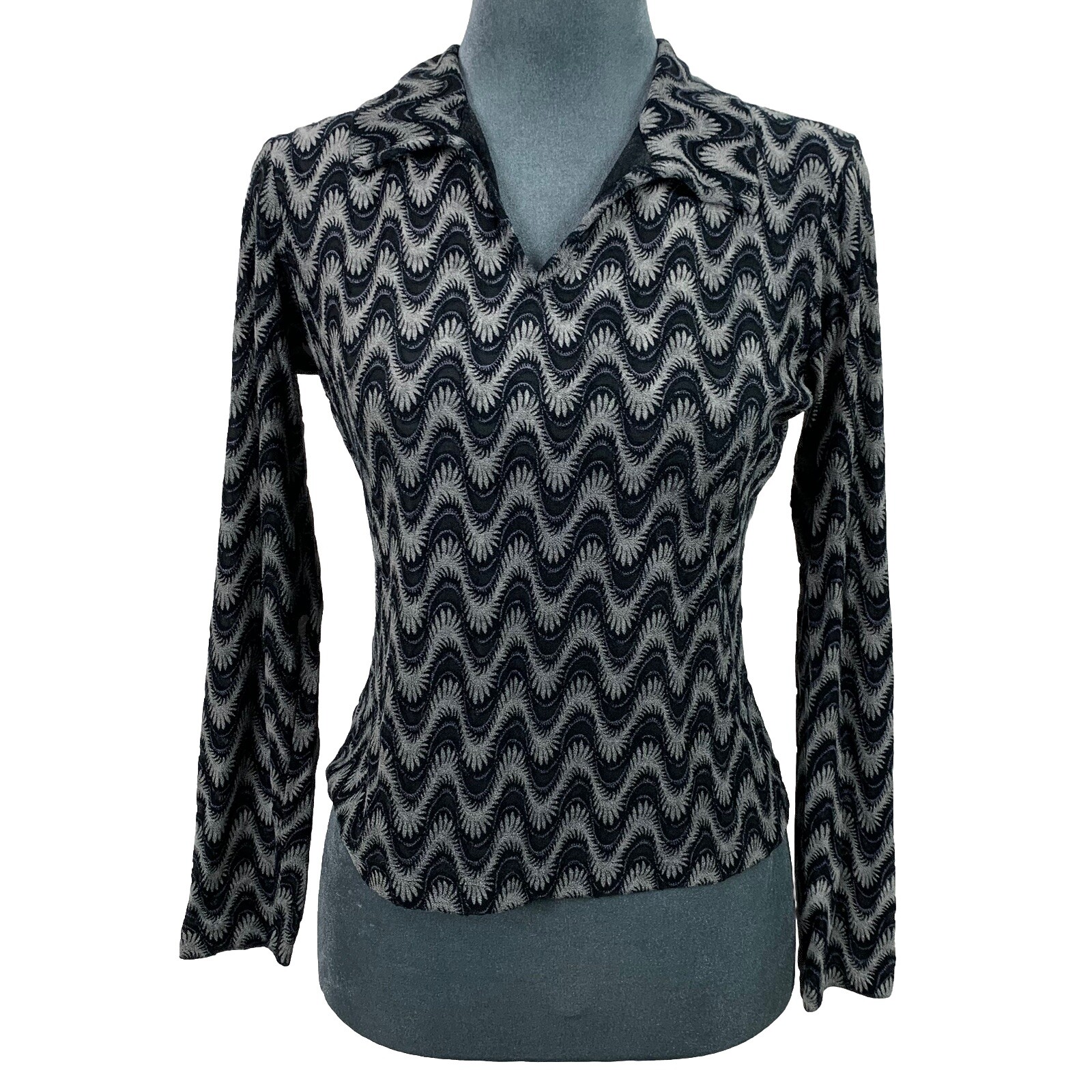 Vintage 90s Y2K Express Tricot Womens Medium Blue Silver Wave Slim Disco Shirt