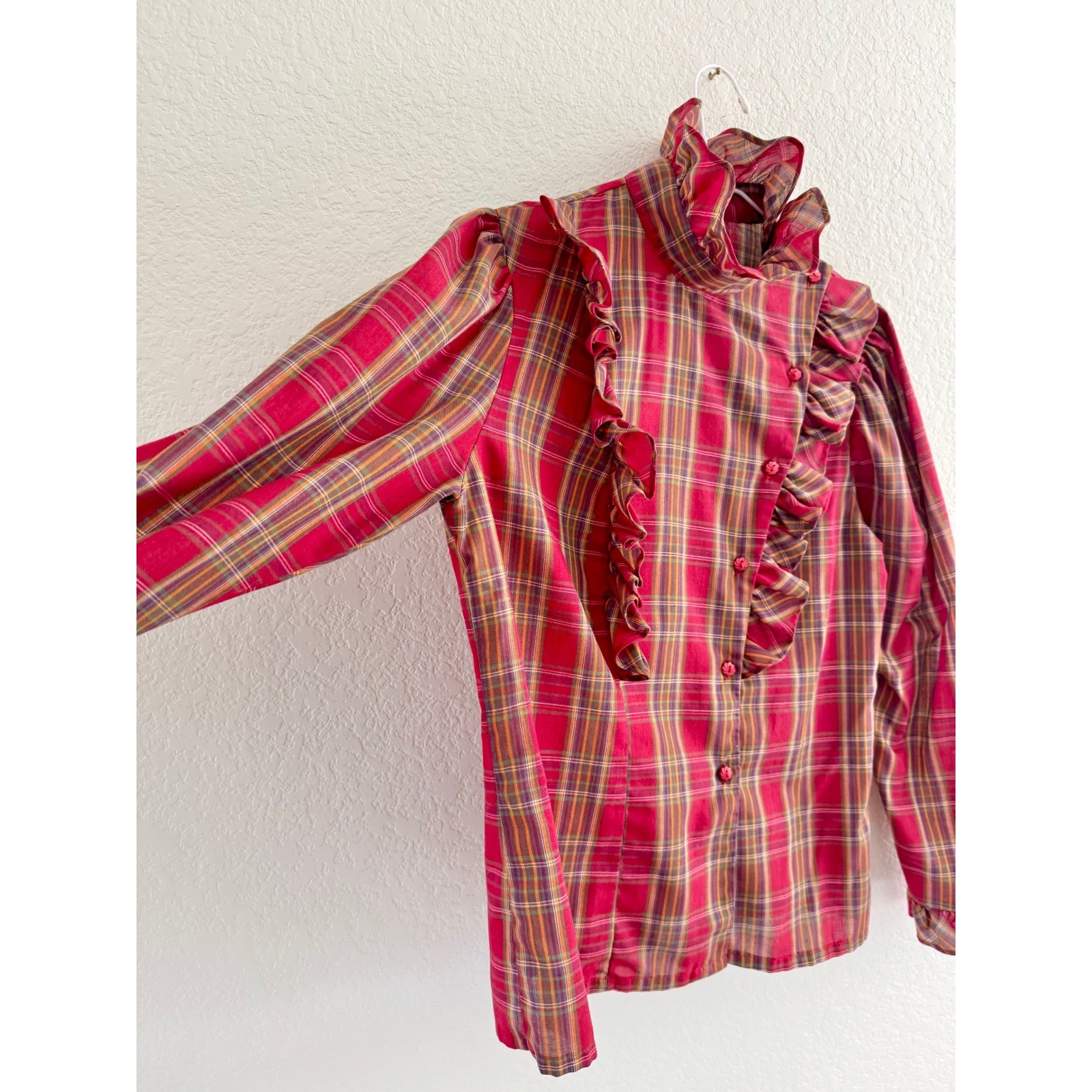 Present Tense Plaid Ruffle Blouse Womens Size M Red Vintage High Neck Victorian