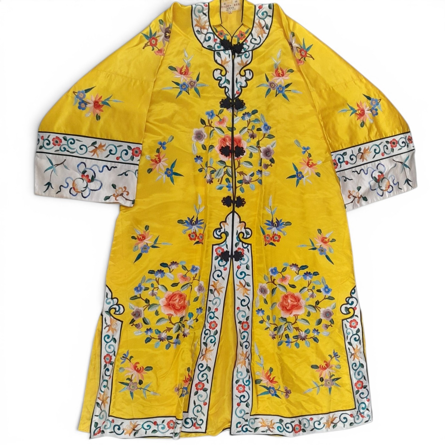 Vintage 1960s Chinese Embroidered Silk Robe-Yellow Floral-Size Medium