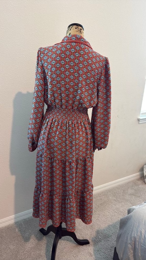 Red Geometric Print Belted Midi Dress