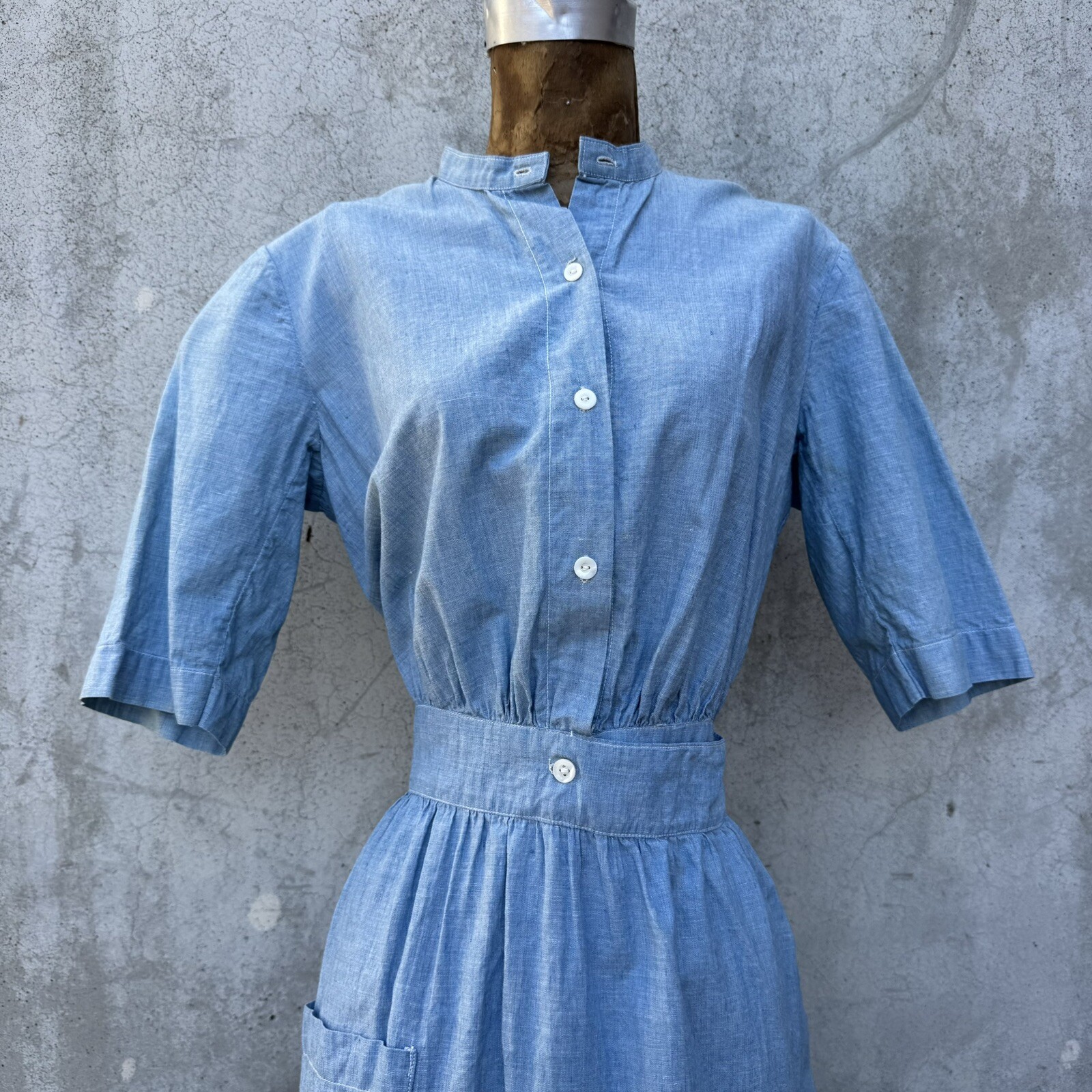 Antique Edwardian Blue Chambray Cotton Dress Workwear Prairie Maxi Vintage