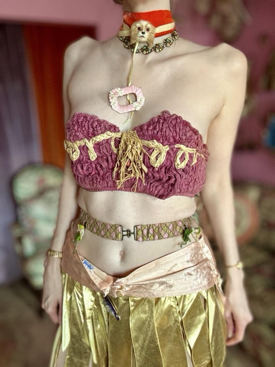 1950s Paramount Showgirl Raffia Bra Top, Size M