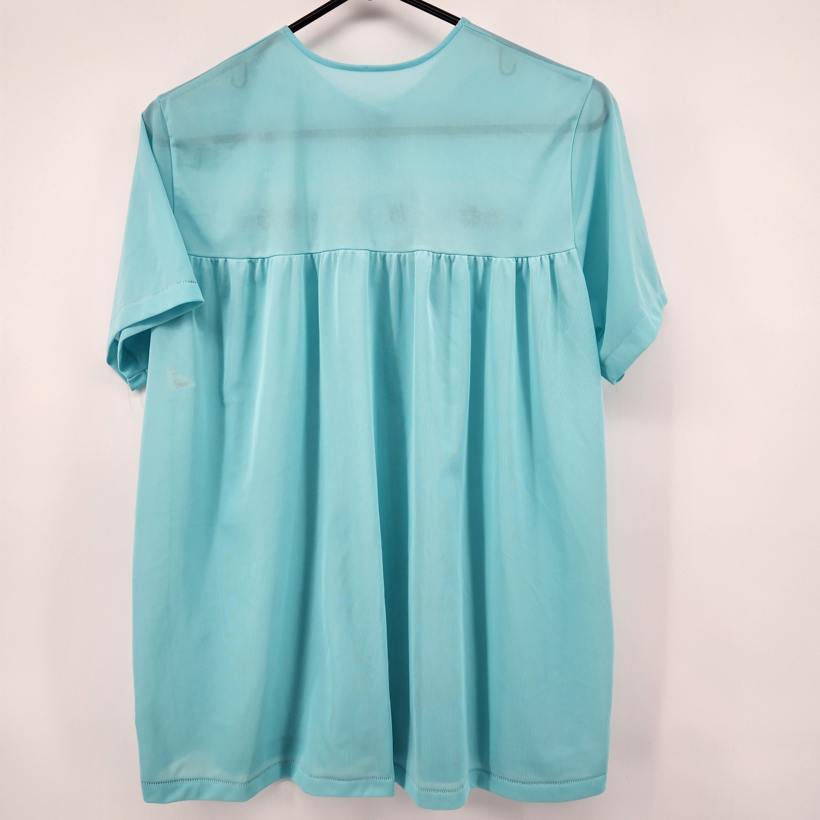 Vintage Sears Aqua Blue Embroidered Floral Lace Bed Jacket Short Sleeve Size 34