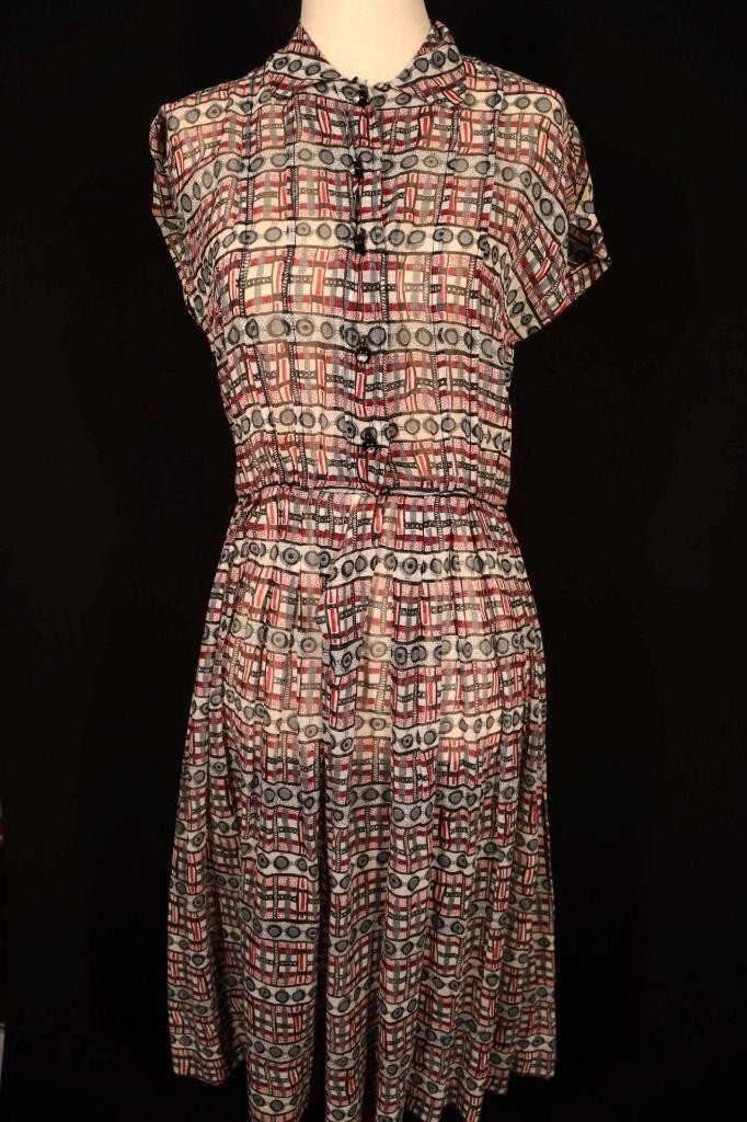 Vintage 1950&rsquo;s Gray, Red & Black Print Sheer Cotton Day Dress Size 8 Exc Cond