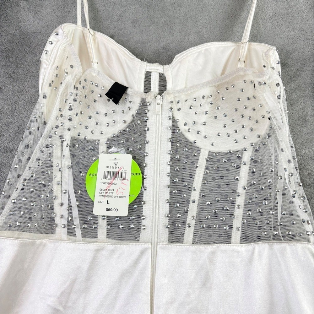 Windsor L White Rhinestone Mesh Corset Satin Tiered Ruffle Mini Dress Party NWT