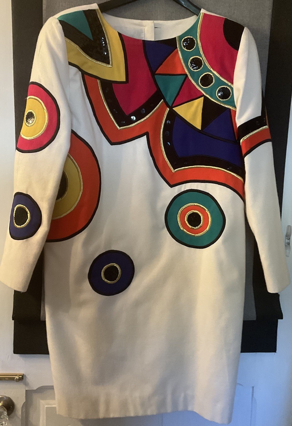 Vtg 80s IBE Colorblock Appliqué Sequin Shift Dress Sz 10 Cream Geometric Artwear