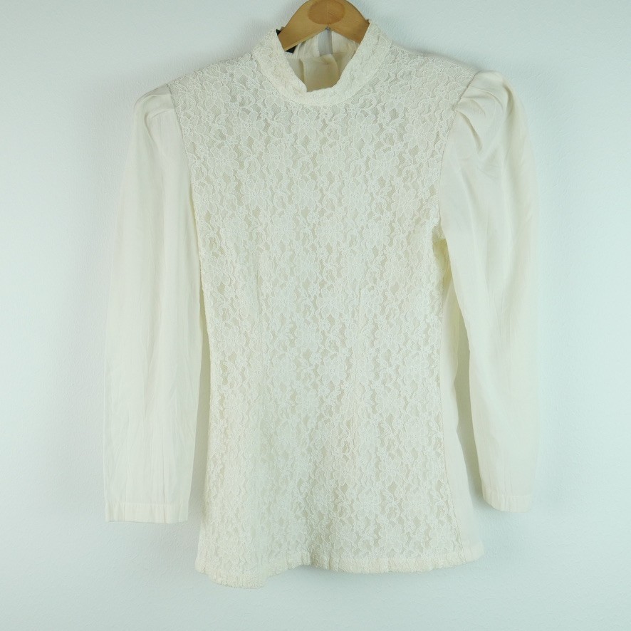 Vintage Band Collar Ivory Lace Blouse Prairie Victorian Cosplay Button Back XS