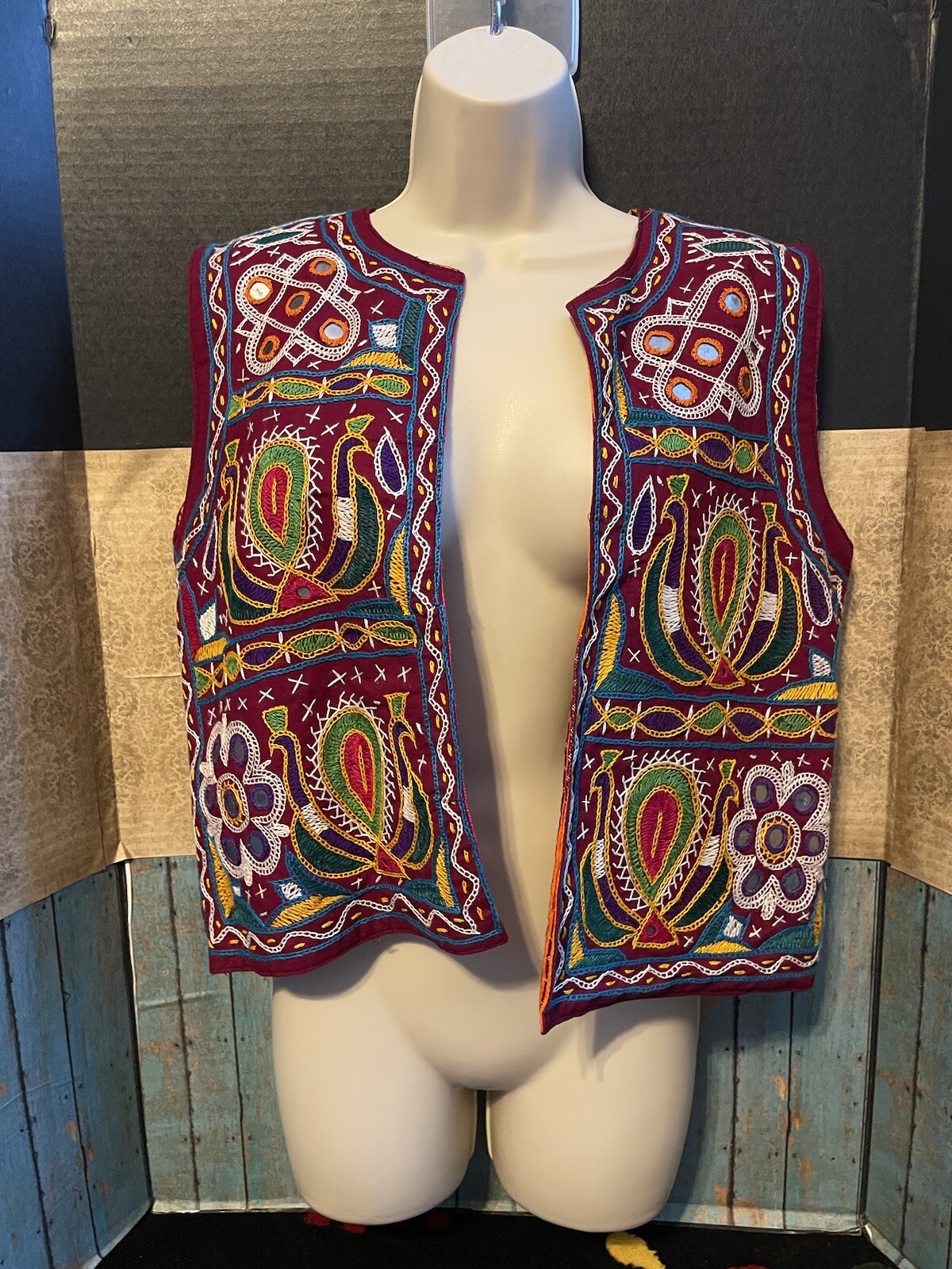 Vintage Boho Banjara Embroidered Mirror Vest 19” Pit To Pit Hippie Boho