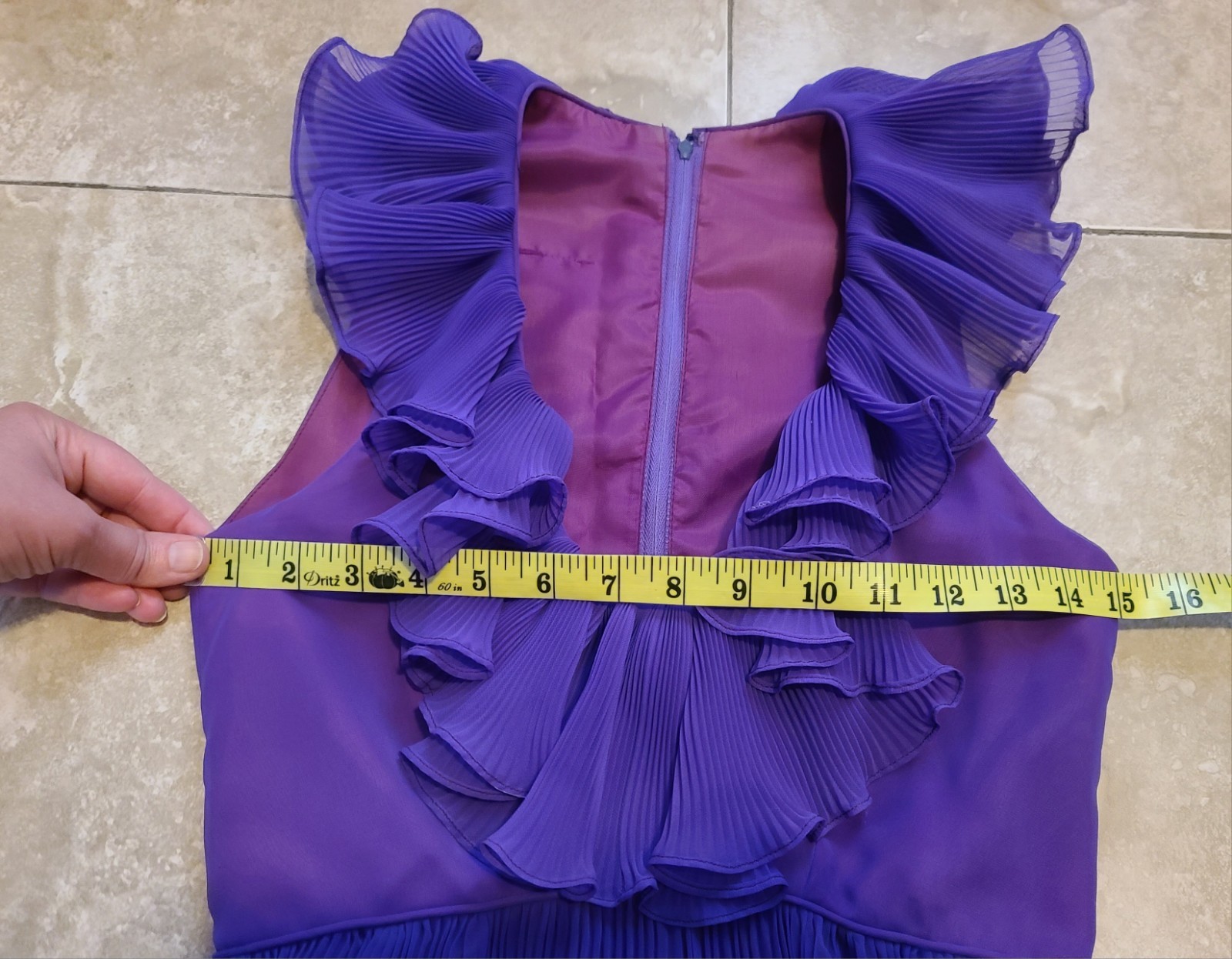 VTG Chiffon Pleated Rainbow Stripe Purple Maxi Dress Ruffle Collar V Neck UV Glo