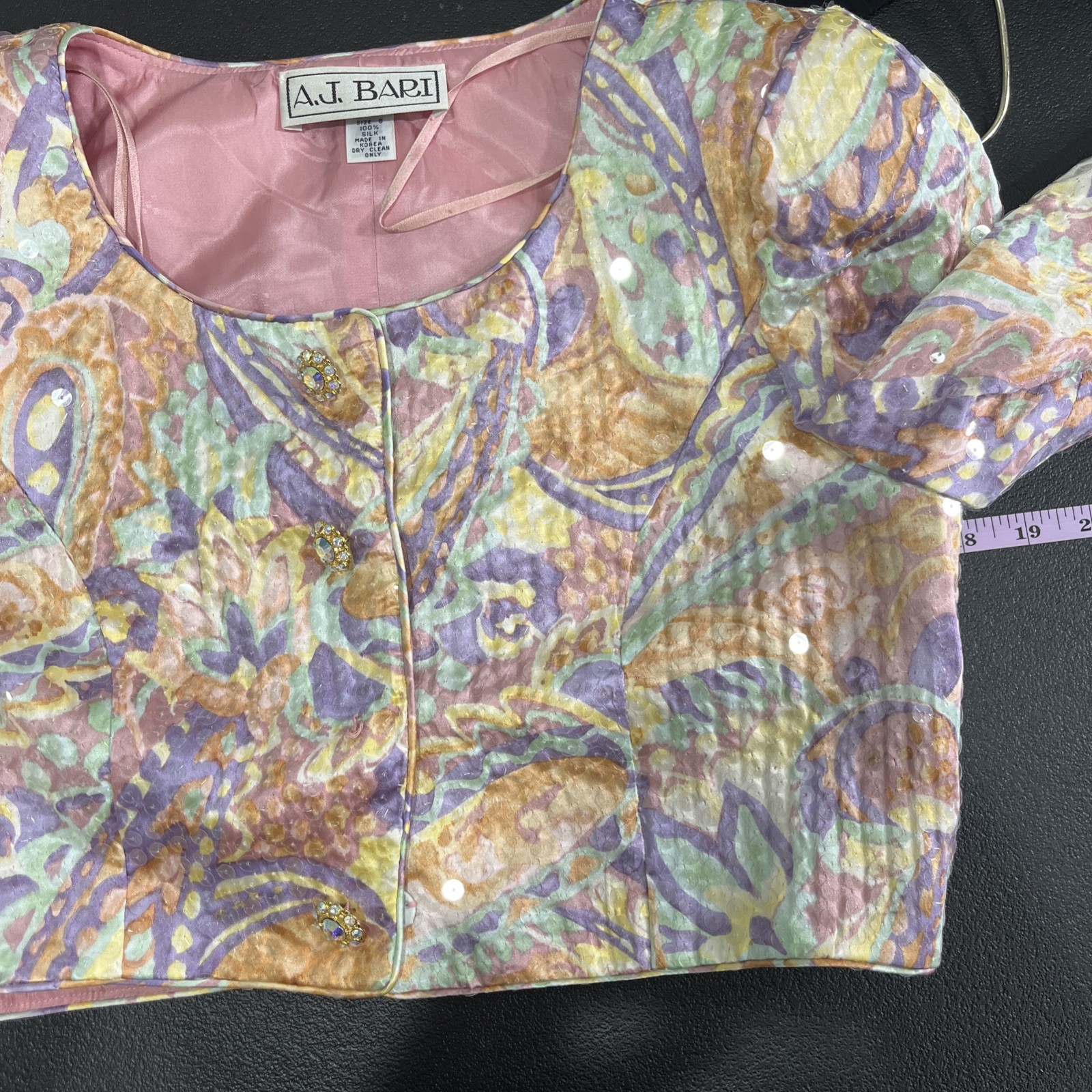Vintage A.J. Bari Jacket Womens 8 Multicolor Silk Paisley Sequin Cropped Jeweled