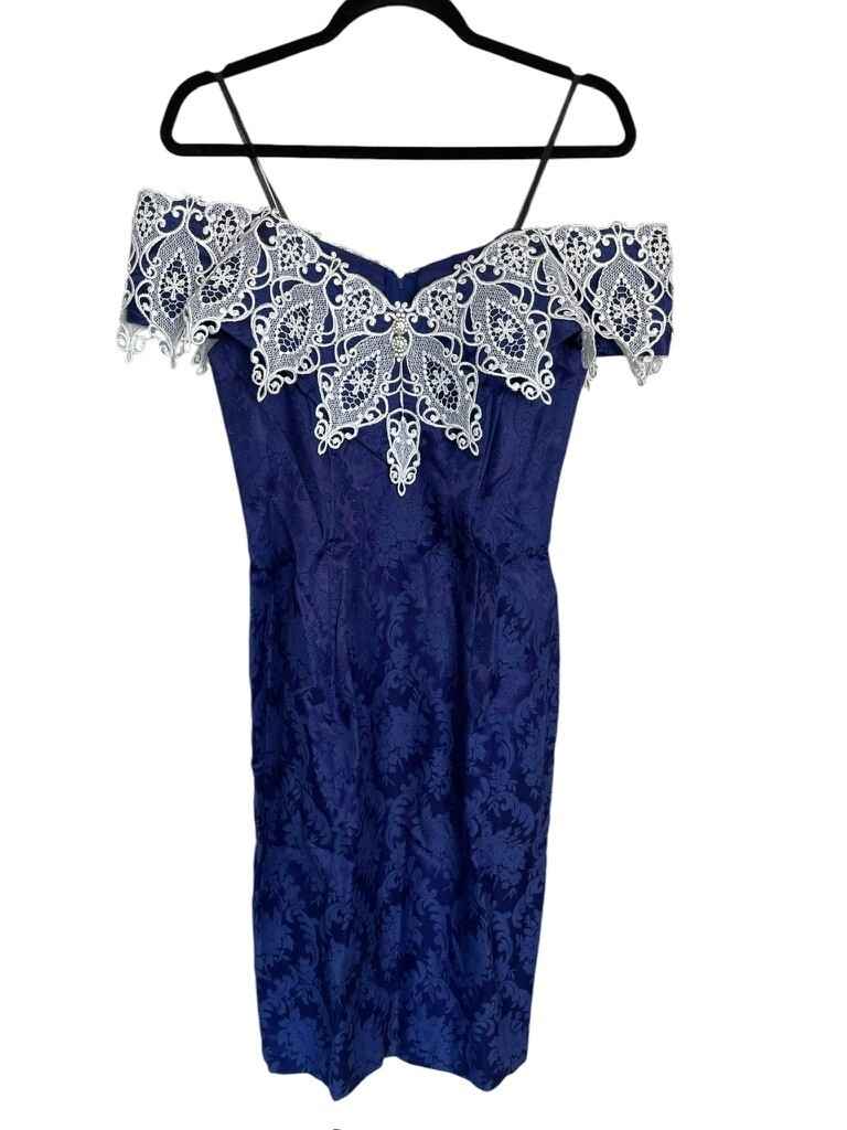 80s Scott McClintock Blue Jacquard Off Shoulder Wide Lace Wiggle Dress Size 8